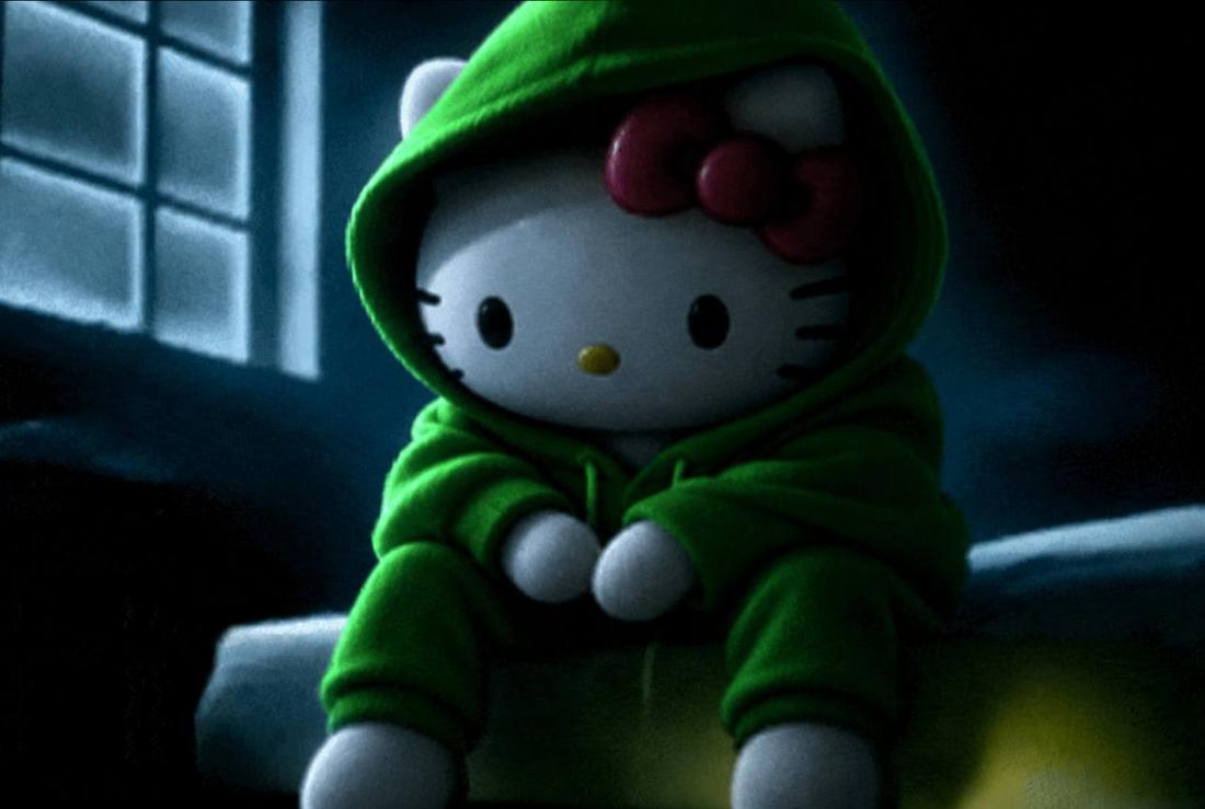 Hood Kitty on a couch by a window at night