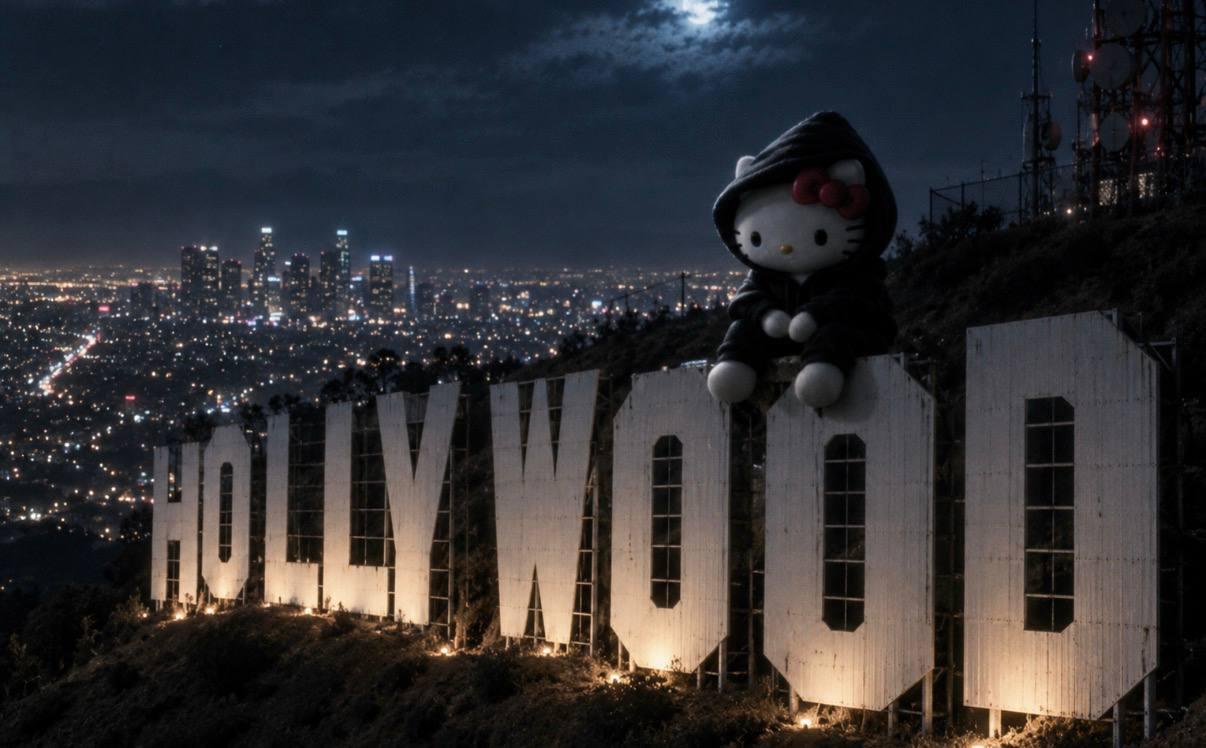 Hood Kitty sitting on the Hollywood sign at night