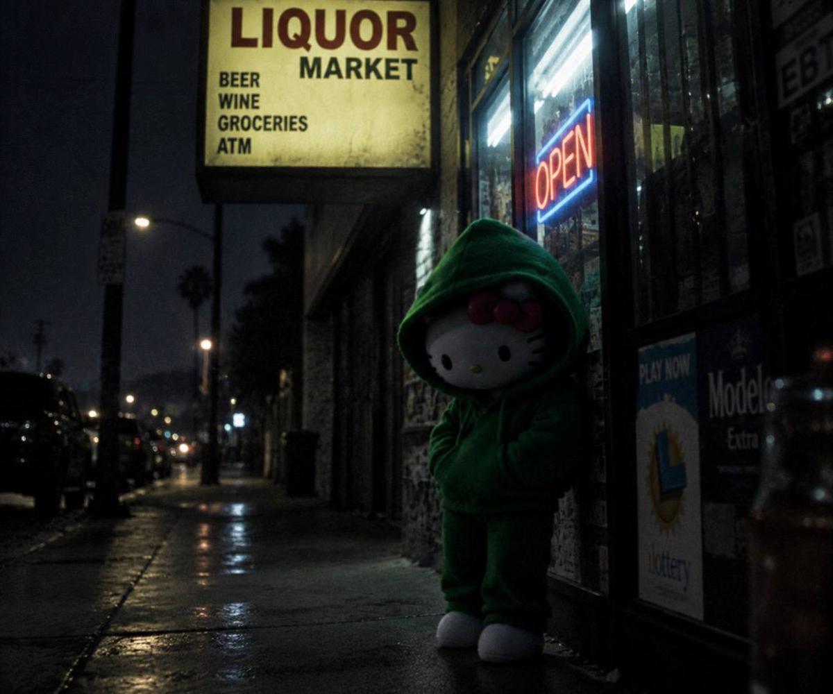 Hood Kitty outside a 24-hour liquor market at night