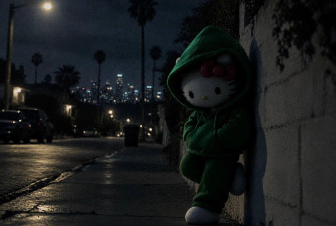 Hood Kitty leaning on a wall on a wet residential street