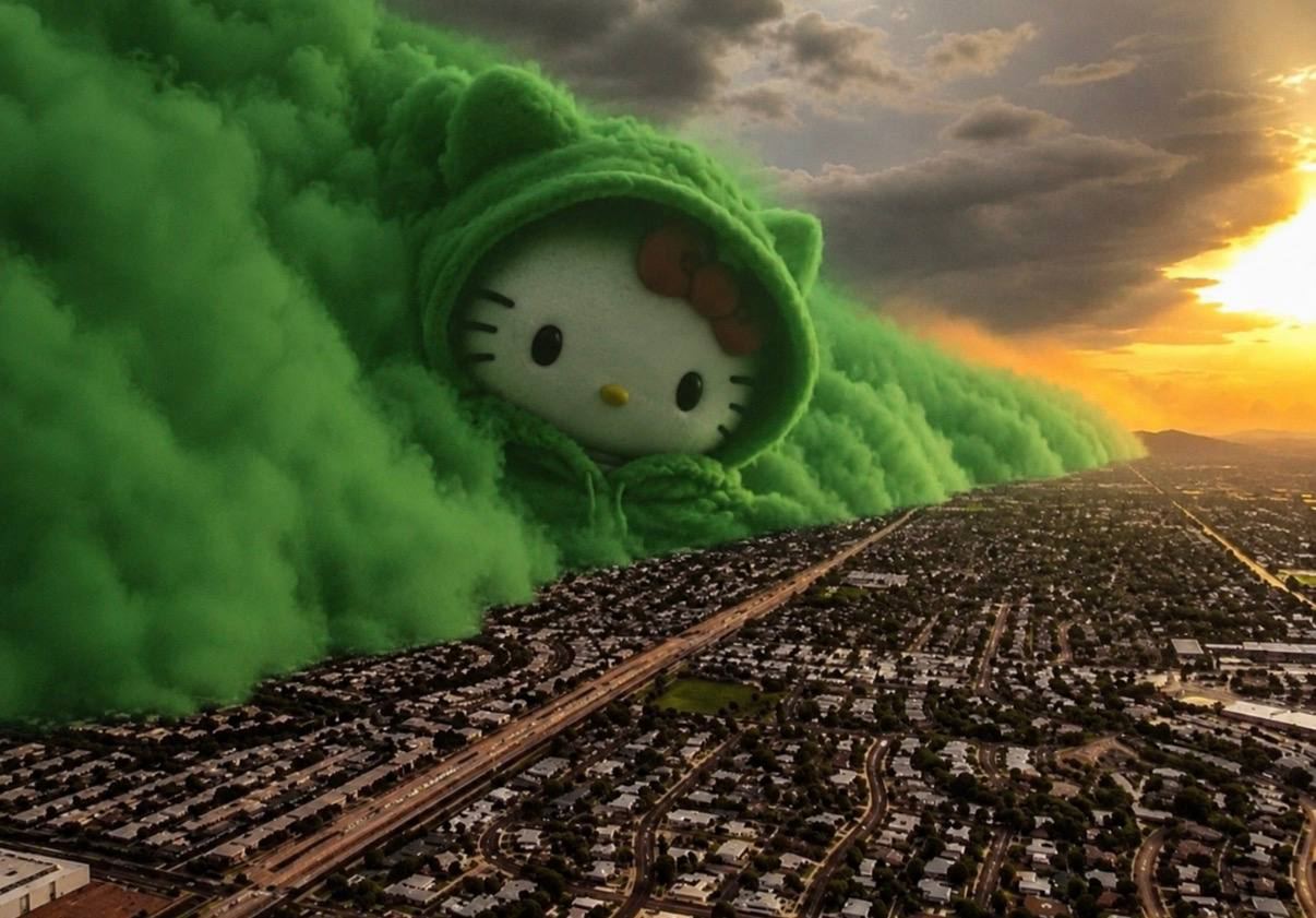 An enormous green-hooded figure rolling over a city at dusk